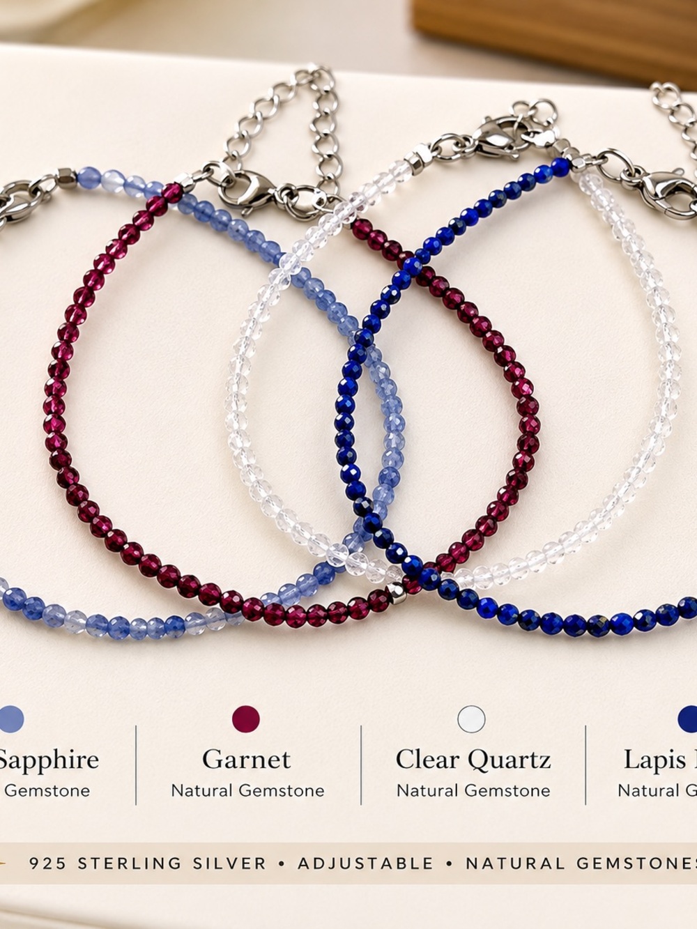 Natural Gemstone Bracelet Bundle – 925 Sterling Silver Adjustable